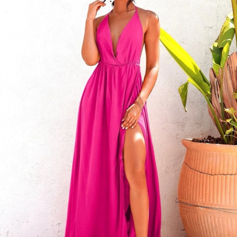 Never worn Pink satin Maxi backless dress